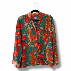 Powder Folk Art Friends Whimsical Deer Print Pajama Button-Up Shirt Size Large